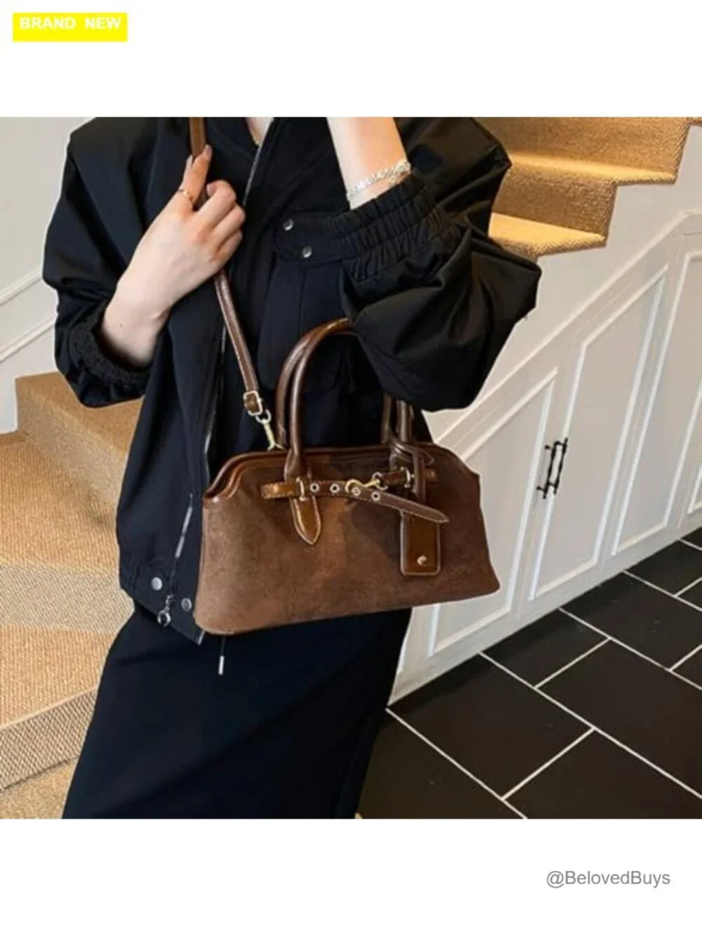 Faux Suede Slouchy Hobo Tote Bag with Crossbody Strap Large Capacity Vintage